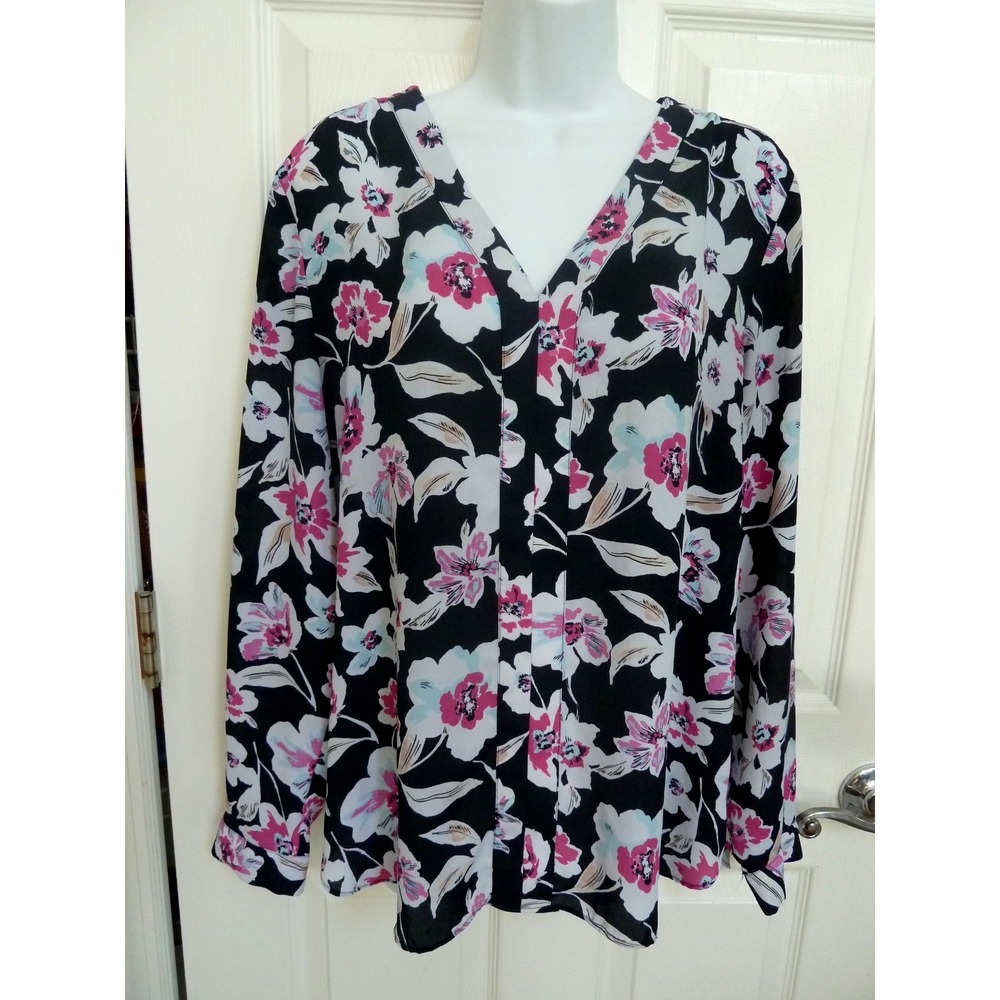 Banana Republic Sz L 12/14 Pullover Floral Blouse Flowy Career Office Black Pink